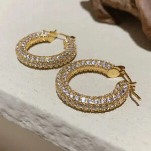 Diamond Pave Hoops Crystal Gold Earrings
